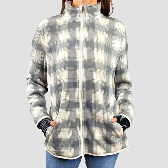 Eddie Bauer Neutral Plaid Full Zip Fleece Jacket Sz XL - Picture 1 of 7